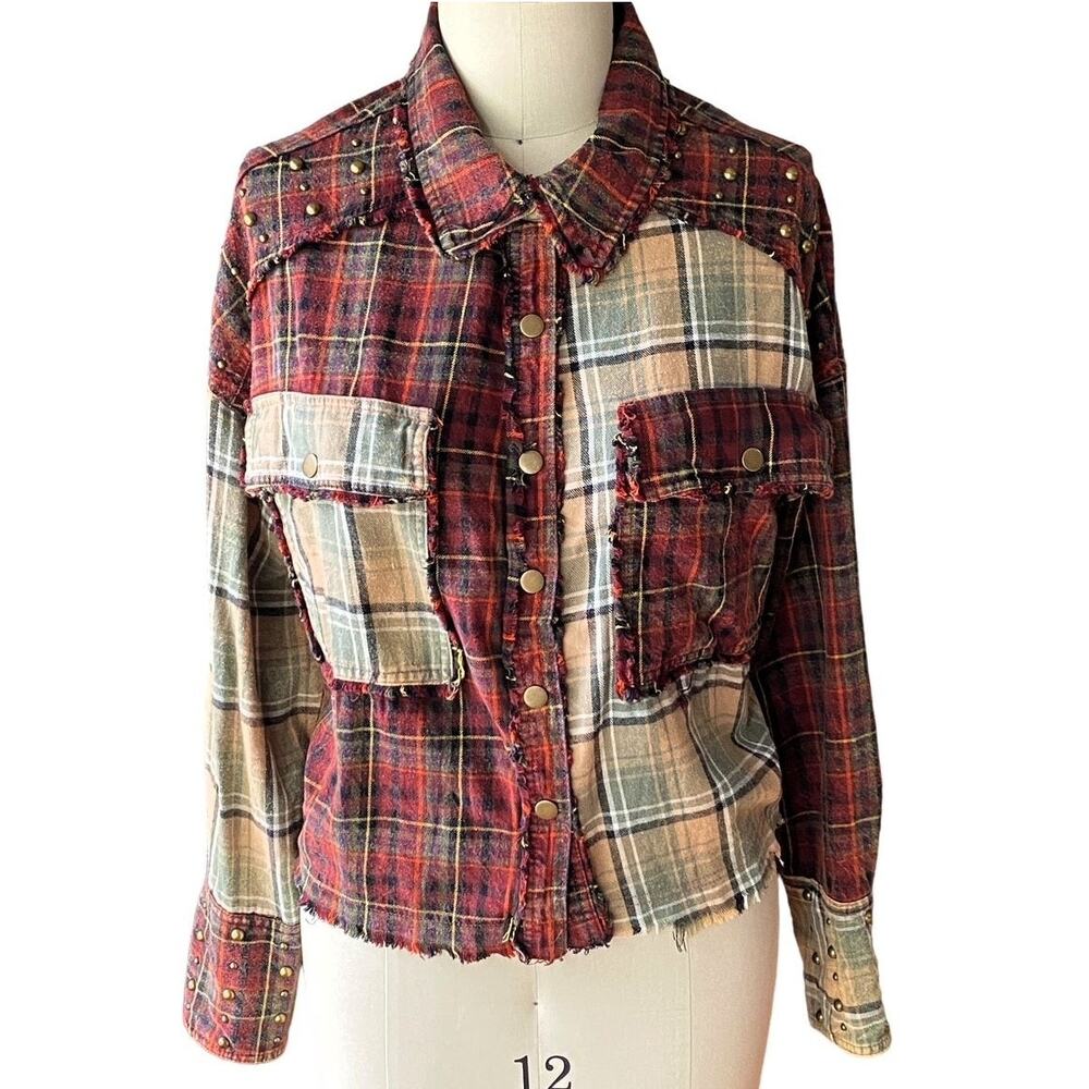 ARTISTIC WORKS BY LU Boho Patchwork Studded Top Plaid Jacket ~ Women's SMALL